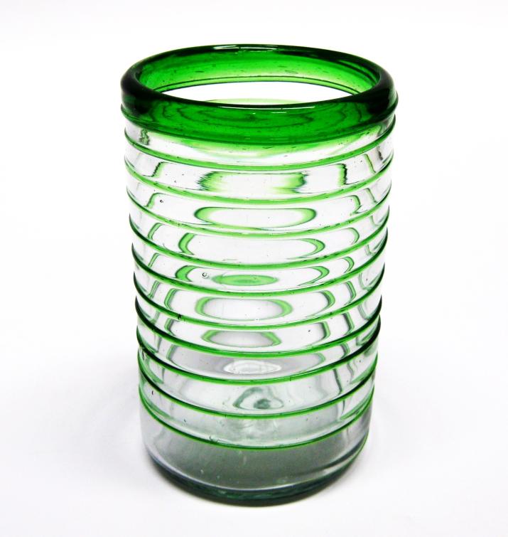 MEXICAN GLASSWARE / Emerald Green Spiral 14 oz Drinking Glasses (set of 6) / These elegant glasses covered in a emerald green spiral will add a handcrafted touch to your kitchen decor.